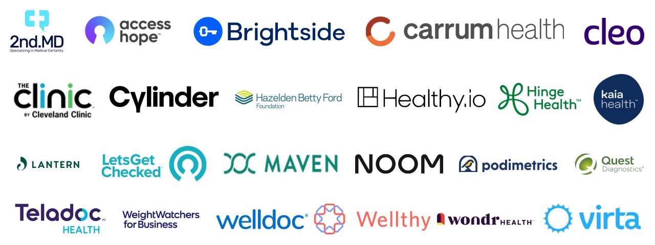 Logos for: 2nd.MD, cleo, The Clinic by Cleveland Clinic, Hinge Health, Jasper, Kaia health, Lets Get Checked, Livongo, Maven, NavigatingCancer, Quest Diagnostics, SEASON, Surgery Plus, welldoc, Healthy.io and Wellthy