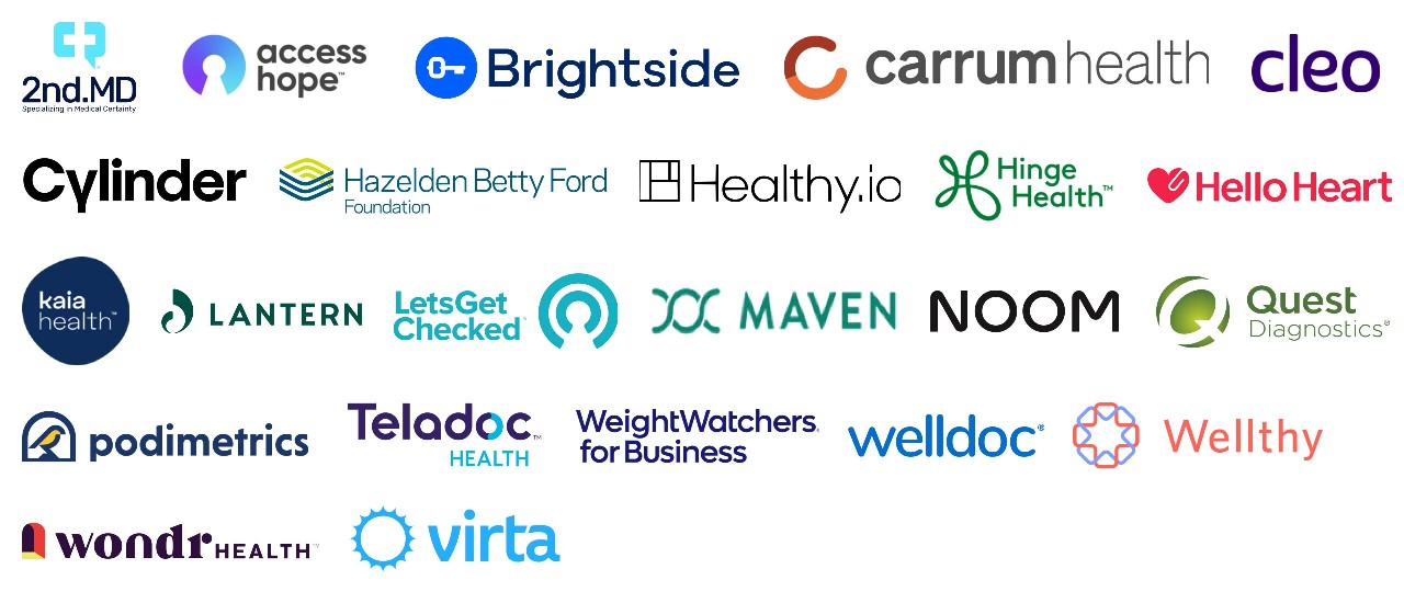 Logos for: 2nd.MD, cleo, The Clinic by Cleveland Clinic, Hinge Health, Jasper, Kaia health, Lets Get Checked,  Livongo, Maven, NavigatingCancer, Quest Diagnostics, SEASON, Surgery Plus, welldoc, Healthy.io and Wellthy