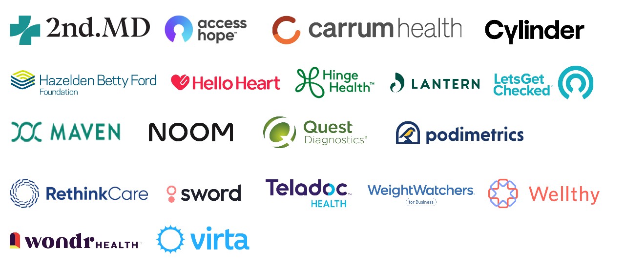 Logos for: 2nd.MD, cleo, The Clinic by Cleveland Clinic, Hinge Health, Jasper, Kaia health, Lets Get Checked,  Livongo, Maven, NavigatingCancer, Quest Diagnostics, SEASON, Surgery Plus, welldoc, Healthy.io and Wellthy